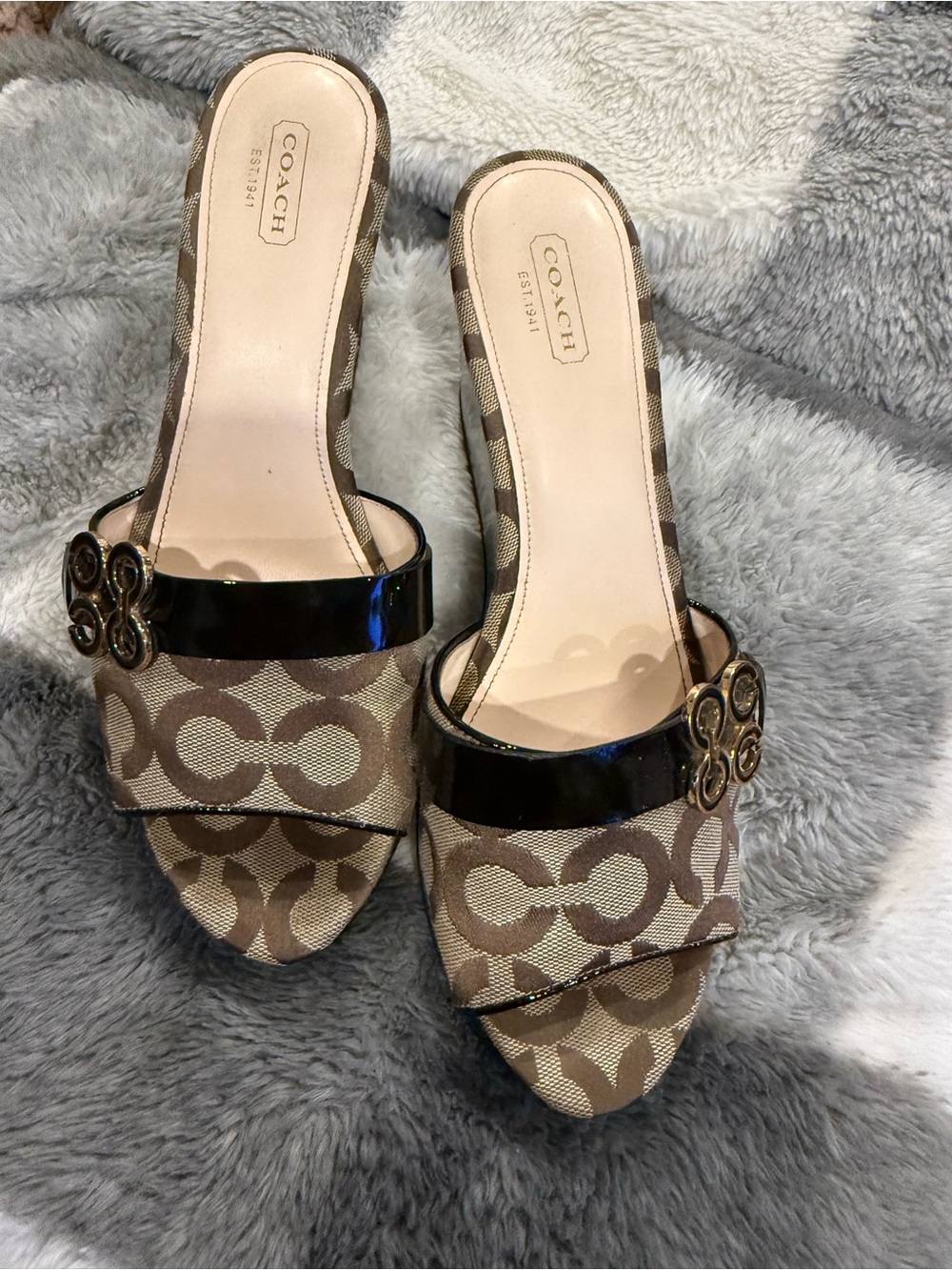 Coach Brown Signature Canvas Slide Sandals with Black Patent Strap